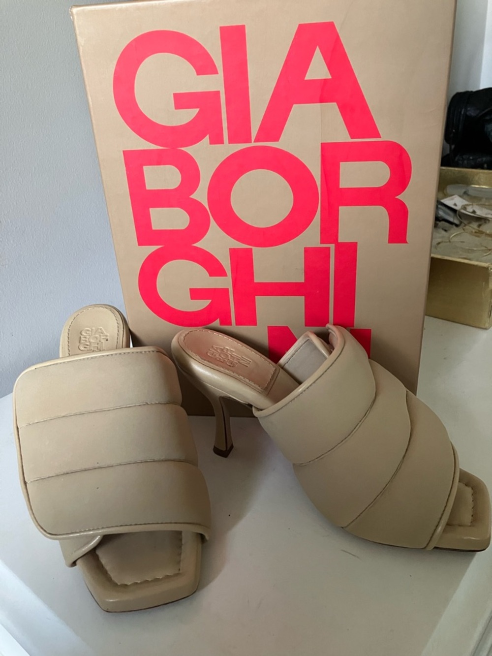 Gia Borghini Nude Padded Square-Toe Slide Heels